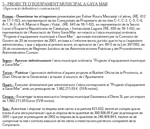 Aprovació definitiva del Centre Cívic de Gavà Mar en la Comissió de Govern Municipal de l'Ajuntament de Gavà celebrada el 12 de Febrer de 2002